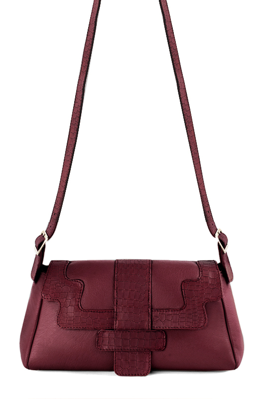 Burgundy red women's dress handbag, matching pumps and belts. Top view - Florence KOOIJMAN